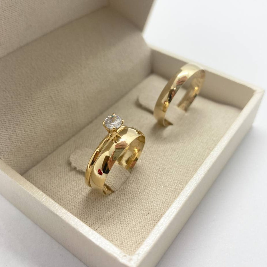 Par de Aliança Noivado/Casamento Ouro 750/18k - Flor de Maio 4mm Meia Cana Polida + Anel Brinde