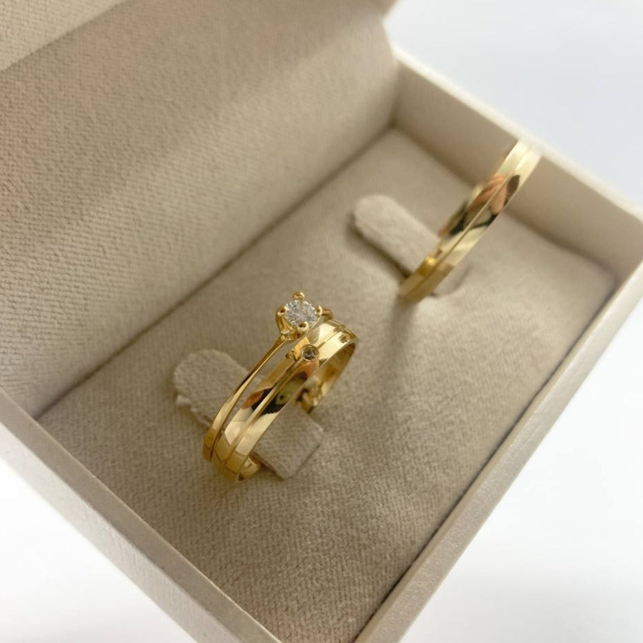 Par de Aliança Noivado/Casamento Ouro 750/18k - Soul Mate 3mm Meia Cana Polida + Anel Brinde