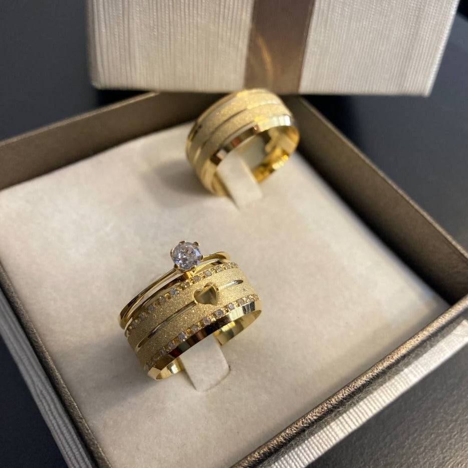 Par de Aliança Noivado/Casamento Ouro 750/18k - Catania 10mm Chanfrada Diamantada + Anel Brinde