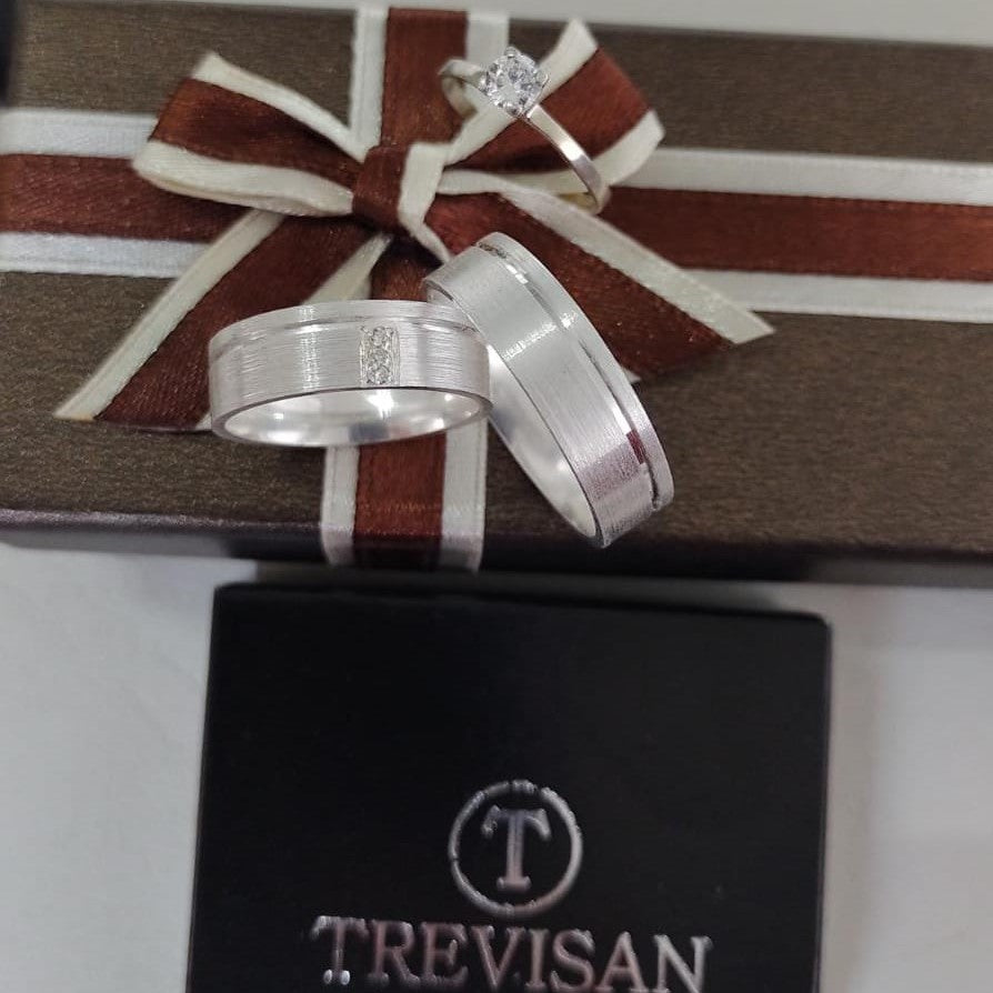 Par de Aliança Namoro em Prata 950 - Bálsamo 6mm Reta Acetinada + Anel Brinde