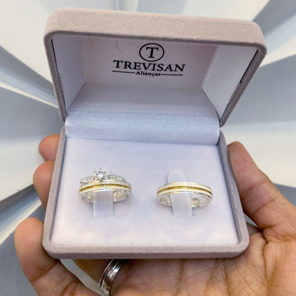Par de Aliança Namoro em Prata 950 - Golden Frieze 3mm Reta Diamantada + Anel Brinde