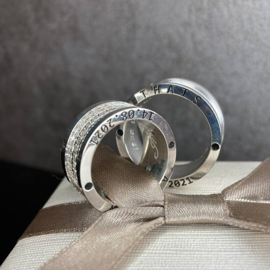 Par de Aliança Namoro em Prata 950 - Love Diamond 10mm Reta Polida + Anel Brinde