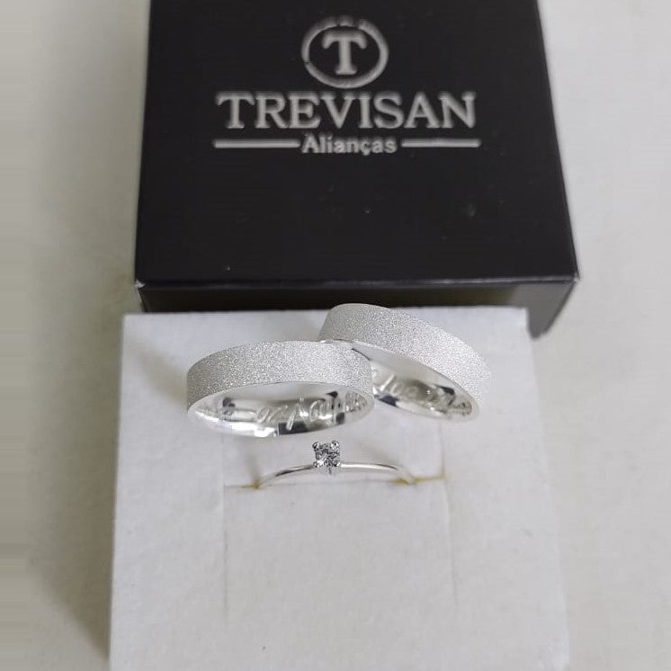 Par de Aliança Namoro em Prata 950 - Babosa 4mm Reta Diamantada + Anel Brinde