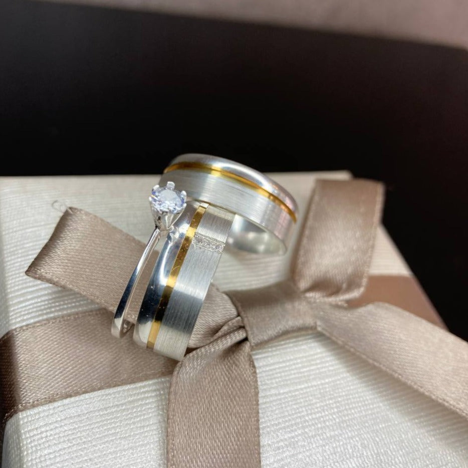 Par de Aliança Namoro em Prata 950 - Dorado Reta 7mm Acetinada + Anel Brinde