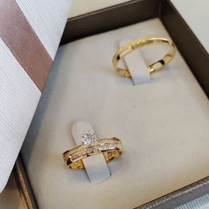 Par de Aliança Noivado/Casamento Ouro 750/18k - Grumixama 3mm Reta Diamantada/Polida + Anel Brinde