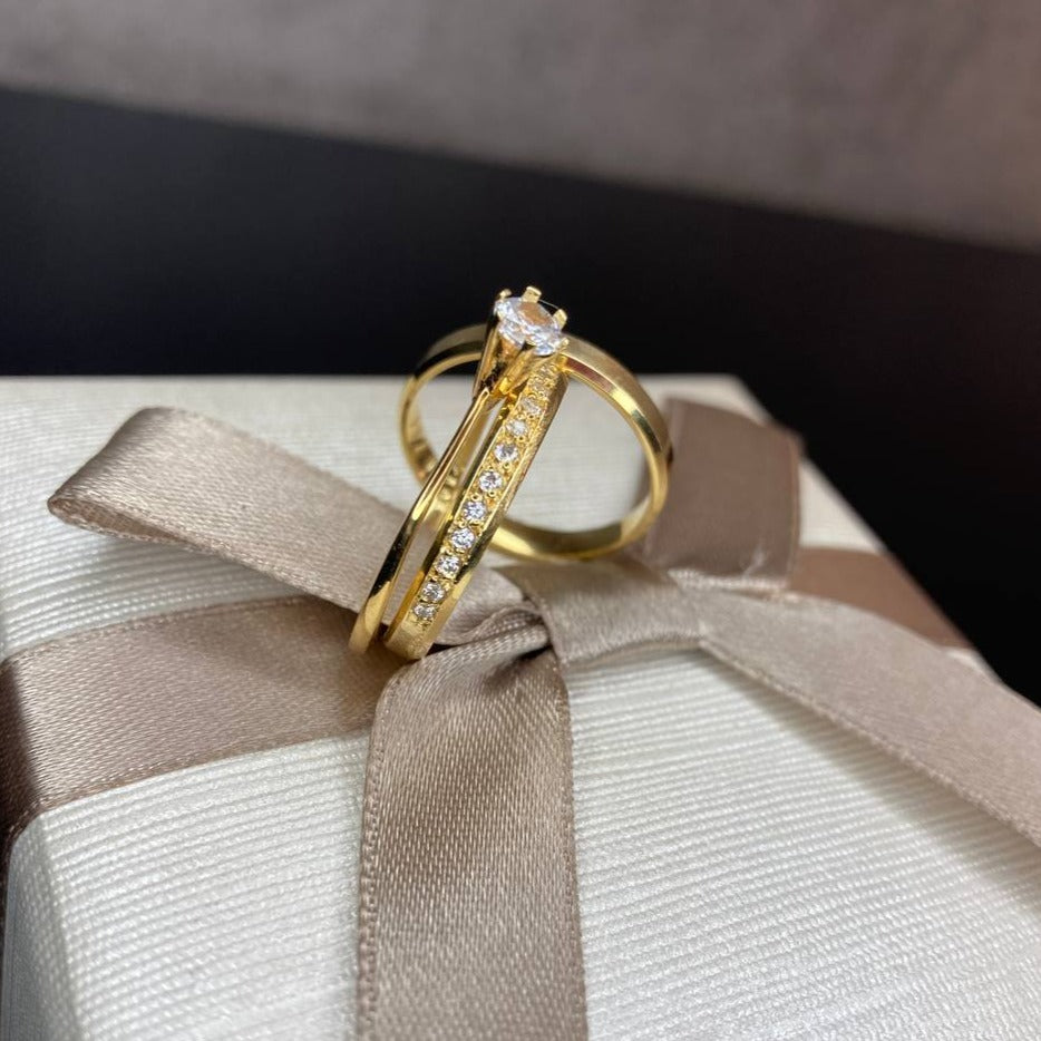 Par de Aliança Noivado/Casamento Ouro 750/18k - Peônio 3mm Chanfrada Polida + Anel Brinde