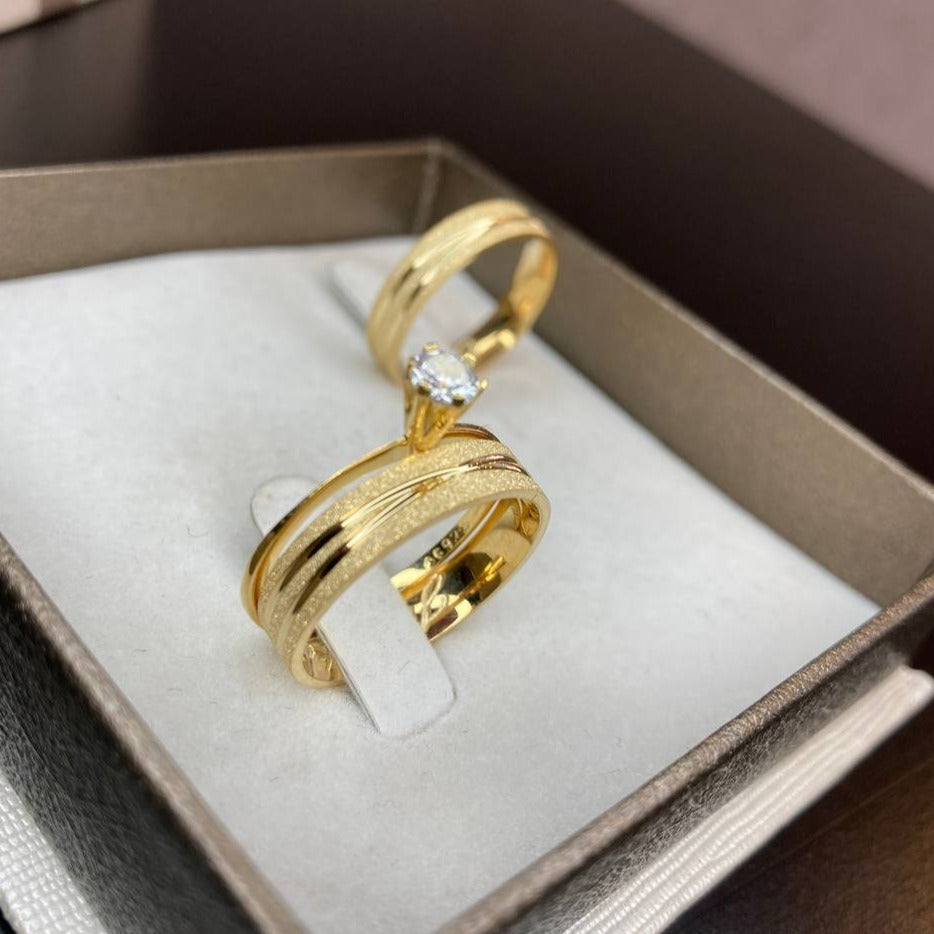 Par de Aliança Noivado/Casamento Ouro 750/18k - Chamomily 4mm Reta Diamantada + Anel Brinde
