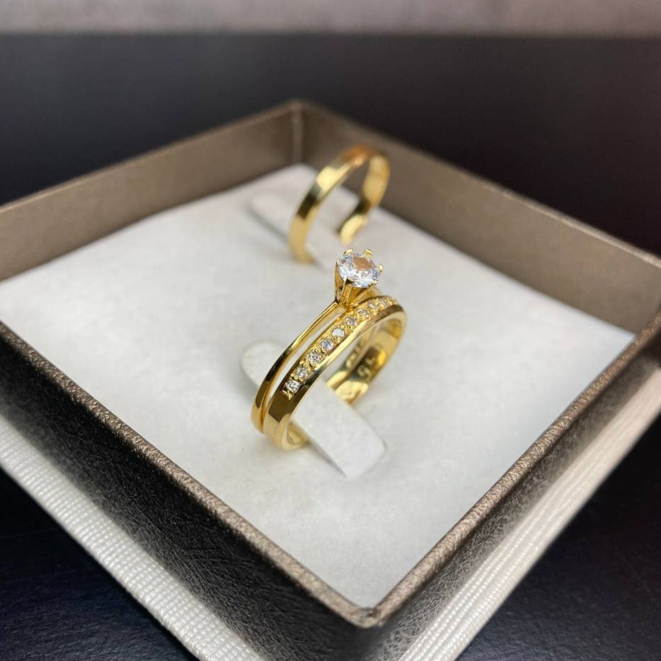 Par de Aliança Noivado/Casamento Ouro 750/18k - Peônio 3mm Chanfrada Polida + Anel Brinde