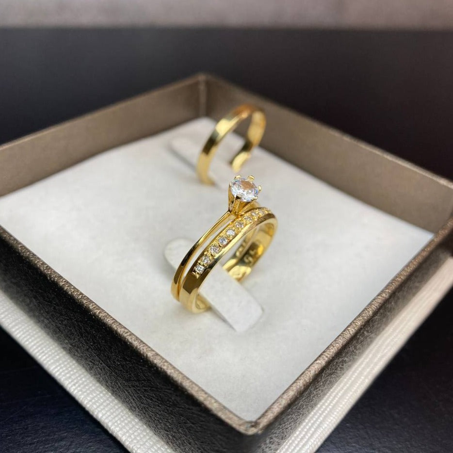 Par de Aliança Banhada - Peônio 3mm Chanfrada Polida+ Anel Brinde