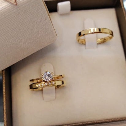 Par de Aliança Noivado/Casamento Ouro 750/18k - Postale 3mm Chanfrada Polida + Anel Brinde