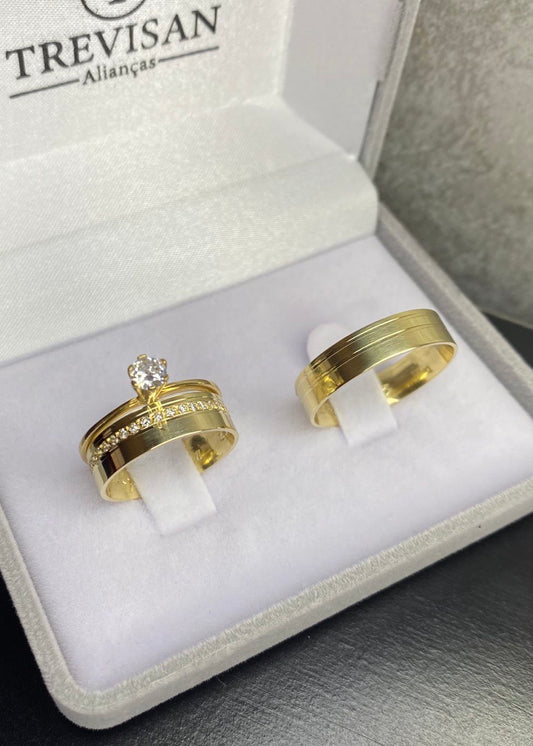 Par de Aliança Noivado/Casamento Ouro 750/18k - Classic Maia 5mm Reta Polida + Anel Brinde