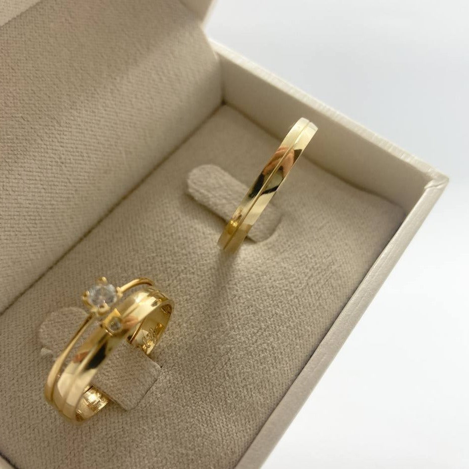 Par de Aliança Noivado/Casamento Ouro 750/18k - Soul Mate 3mm Meia Cana Polida + Anel Brinde