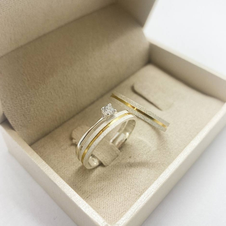 Par de Aliança Namoro em Prata 950 - Magnifique 3mm Reta Diamantada + Anel Brinde