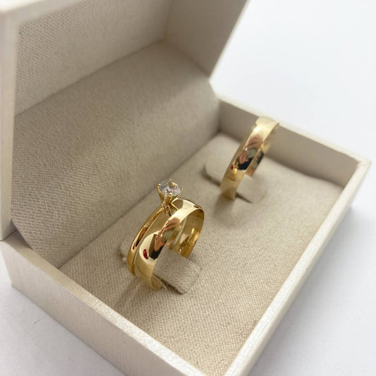Par de Aliança Noivado/Casamento Ouro 750/18k - Flor de Maio 4mm Meia Cana Polida + Anel Brinde