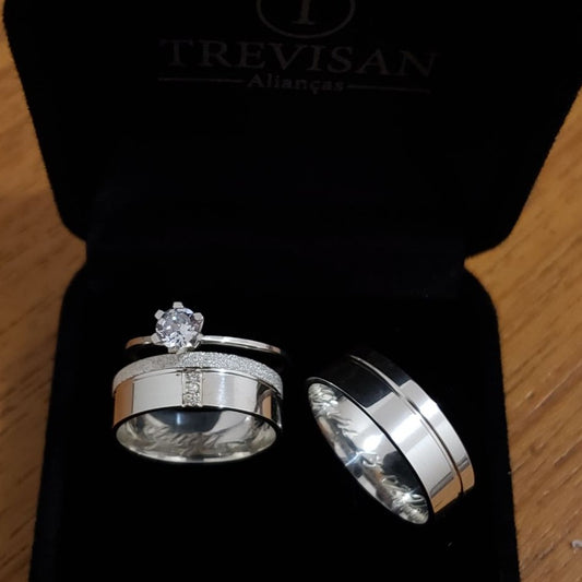 Par de Aliança Namoro em Prata 950 - Botão Silver 6mm Reta Polida + Anel Brinde