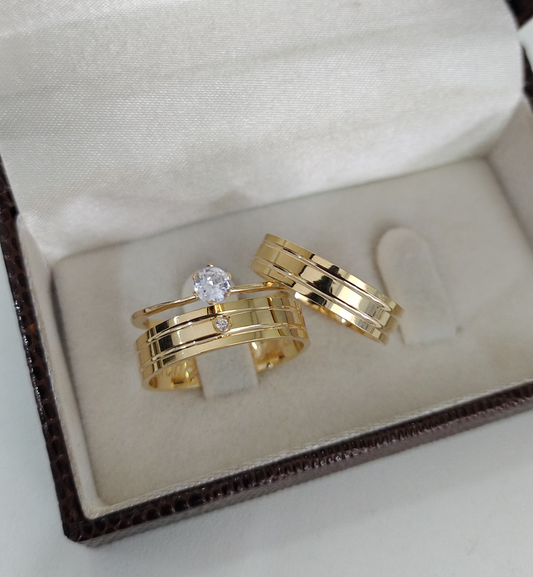 Par de Aliança Noivado/Casamento Ouro 750/18k - Amora 5mm Reta Polida + Anel Brinde