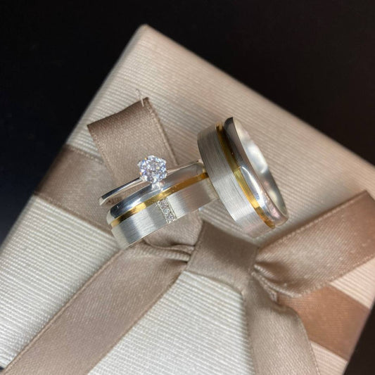 Par de Aliança Namoro em Prata 950 - Dorado Reta 7mm Acetinada + Anel Brinde