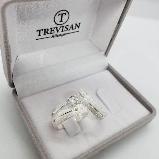 Par de Aliança Namoro em Prata 950 - Chérie 5mm Abaulada Diamantada + Anel Brinde