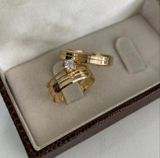 Par de Aliança Noivado/Casamento Ouro 750/18k - Celestina 5mm Chanfrada Polida + Anel Brinde