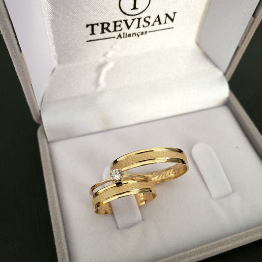 Par de Aliança Noivado/Casamento Ouro 750/18k - Vicenza 4mm Reta Diamantada/Polida + Anel Brinde