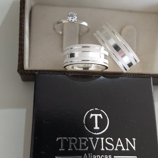 Par de Aliança Namoro em Prata 950 - Girassol 8mm Reta Diamantada + Anel Brinde