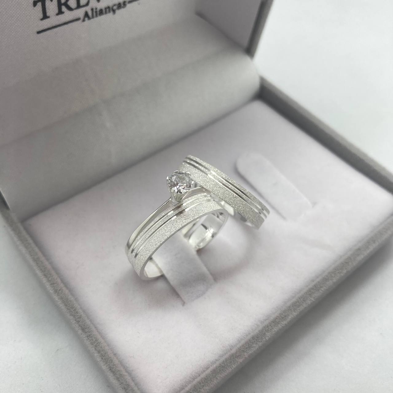 Par de Aliança Namoro em Prata 950 - Dream Reta 4mm Diamantada + Anel Brinde