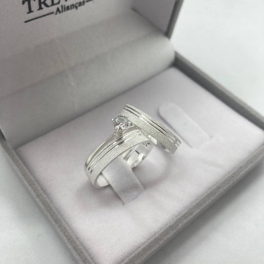 Par de Aliança Namoro em Prata 950 - Dream Reta 4mm Diamantada + Anel Brinde