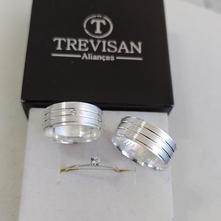 Par de Aliança Namoro em Prata 950 - Quaresmeira 7mm Reta Acetinada + Anel Brinde