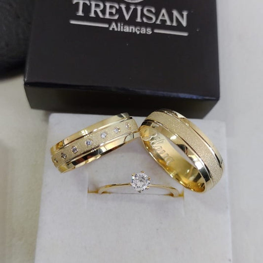 Par de Aliança Banhada - Violeta 6mm Meia Cana Diamantada + Anel Brinde
