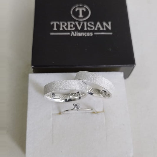 Par de Aliança Namoro em Prata 950 - Babosa 4mm Reta Diamantada + Anel Brinde