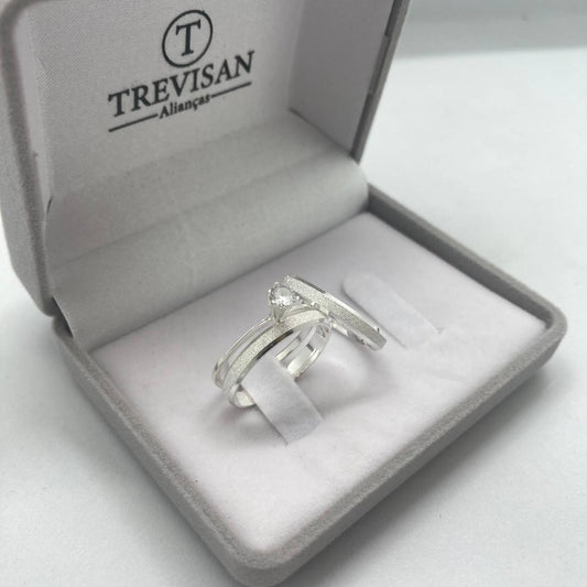 Par de Aliança Namoro em Prata 950 - Bella Chanfrada 3mm Diamantada + Anel Brinde