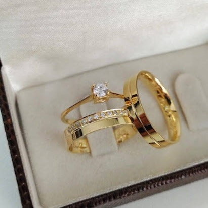 Par de Aliança Noivado/Casamento Ouro 750/18k - Carambola 4mm Reta Polida + Anel Brinde