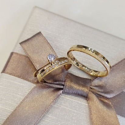 Par de Aliança Noivado/Casamento Ouro 750/18k - Grumixama 3mm Reta Diamantada/Polida + Anel Brinde