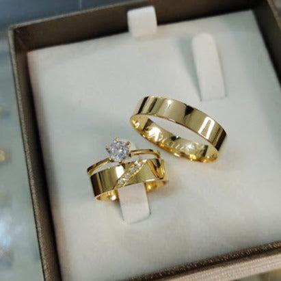 Par de Aliança Noivado/Casamento Ouro 750/18k - Isla 5mm Reta Polida + Anel Brinde