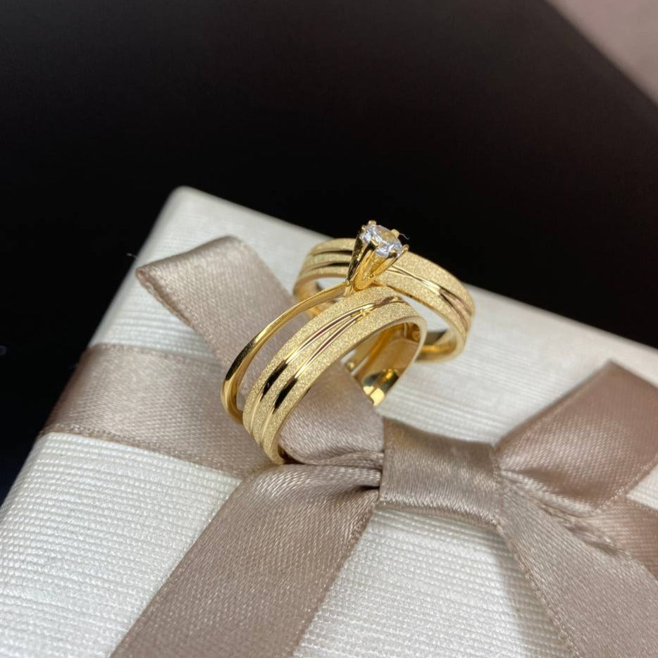 Par de Aliança Noivado/Casamento Ouro 750/18k - Chamomily 4mm Reta Diamantada + Anel Brinde
