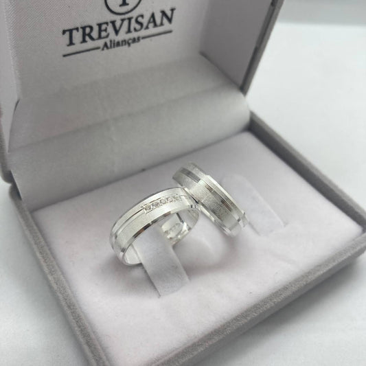 Par de Aliança Namoro em Prata 950 - Lumière Chanfrada 6mm Acetinada + Anel Brinde