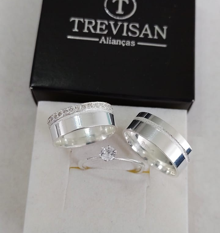 Par de Aliança Namoro em Prata 950 - Julieta 7mm Reta Polida + Anel Brinde
