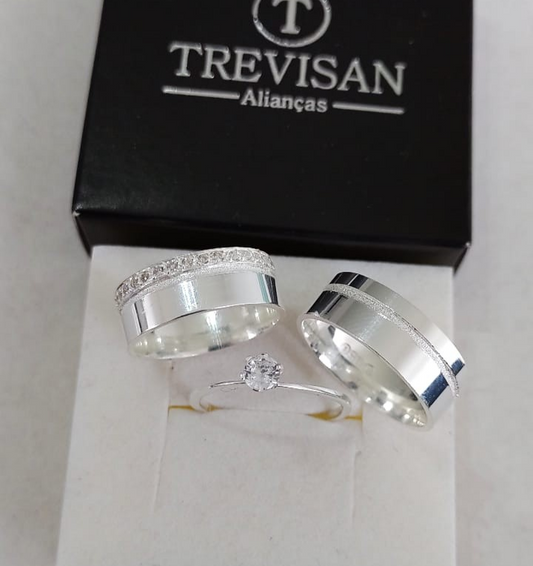 Par de Aliança Namoro em Prata 950 - Julieta 7mm Reta Polida + Anel Brinde