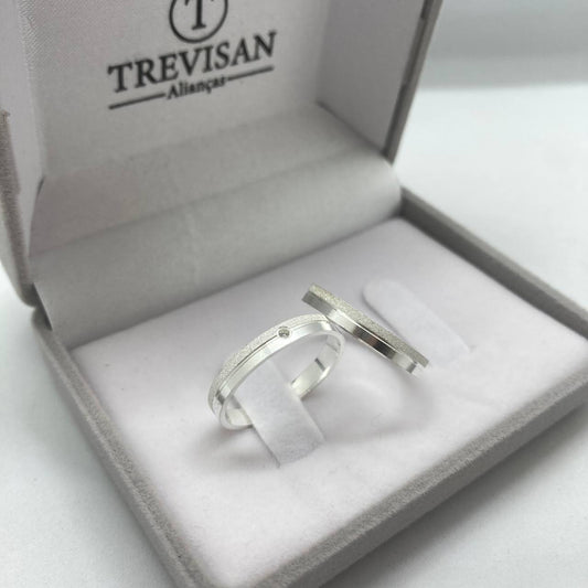 Par de Aliança Namoro em Prata 950 - Ipê-Branco 3mm Reta Diamantada/Polida + Anel Brinde