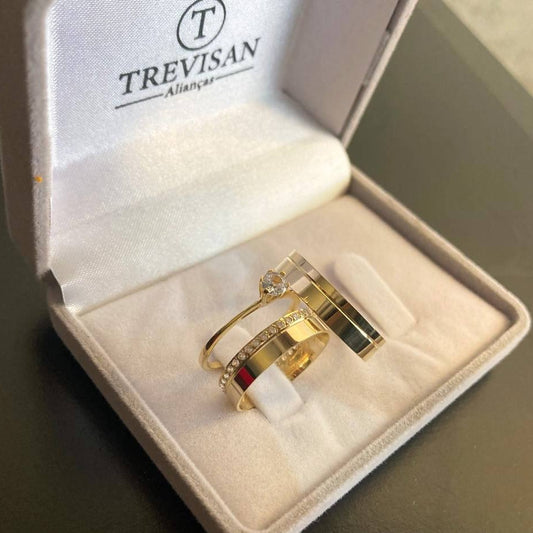 Par de Aliança Noivado/Casamento Ouro 750/18k - Rosa Amarela 5mm Reta Polida + Anel Brinde