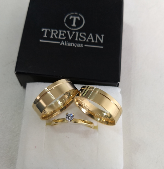 Par de Aliança Noivado/Casamento Ouro 750/18k - Paixão 6mm Reta Polida + Anel Brinde