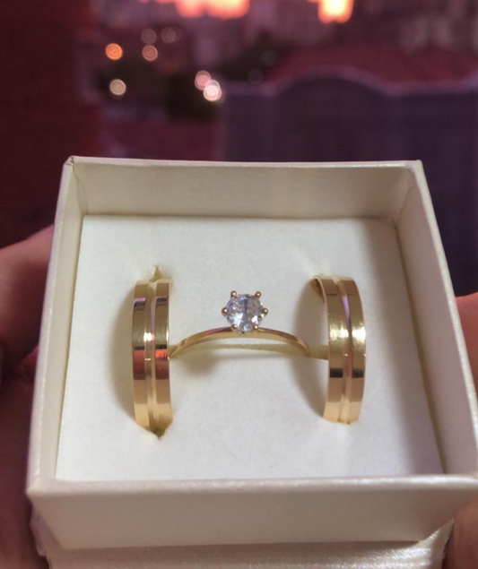 Par de Aliança Noivado/Casamento Ouro 750/18k - Jasmim 4mm Reta Polida + Anel Brinde
