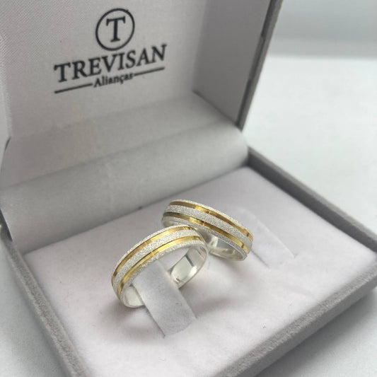 Par de Aliança Namoro em Prata 950 - Perfeição Abaulada 5mm Diamantada + Anel Brinde