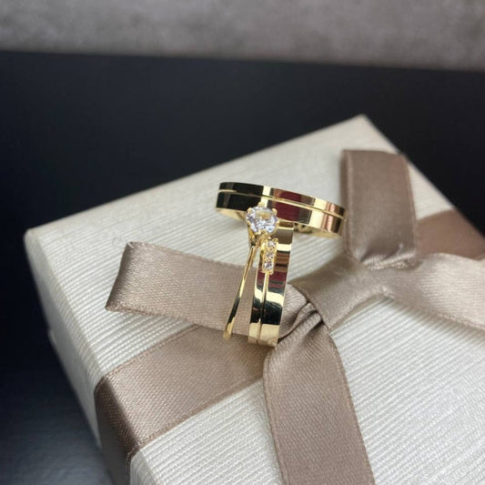 Par de Aliança Noivado/Casamento Ouro 750/18k - Modena 4mm Reta Polida + Anel Brinde