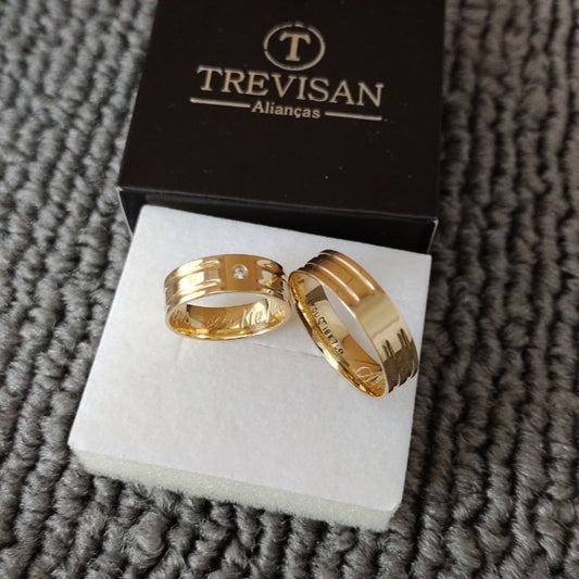 Par de Aliança Noivado/Casamento Ouro 750/18k - Mimosa 5mm Reta Polida + Anel Brinde