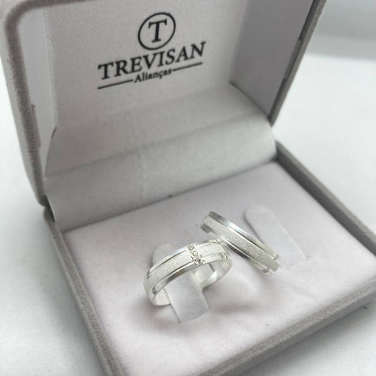 Par de Aliança Namoro em Prata 950 - Perola 6mm Abaulada Diamantada/Polida + Anel Brinde