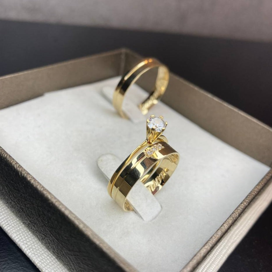 Par de Aliança Noivado/Casamento Ouro 750/18k - Modena 4mm Reta Polida + Anel Brinde