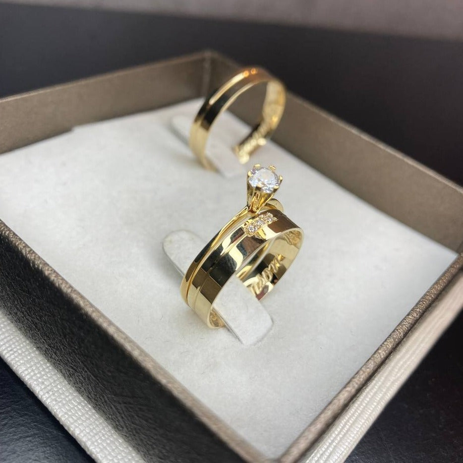 Par de Aliança Banhada - Modena 4mm Reta Polida + Anel Brinde