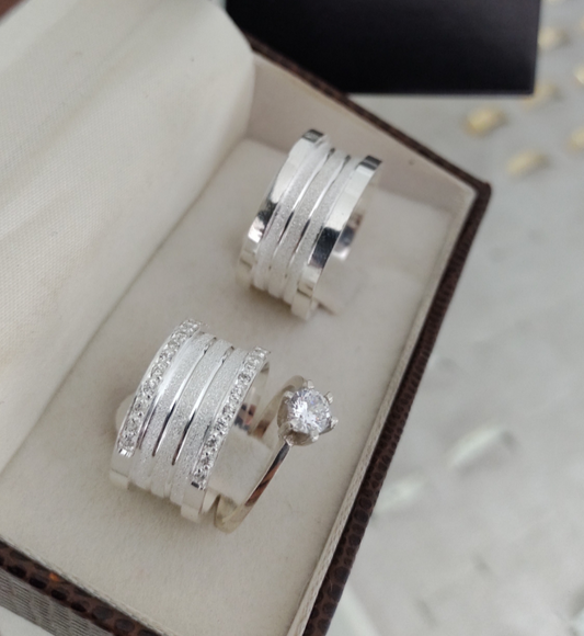 Par de Aliança Namoro em Prata 950 - Amor Perfeito 10mm Reta Diamantada + Anel Brinde