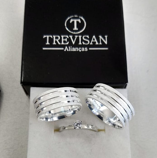 Par de Aliança Namoro em Prata 950 - Lotús 10mm Reta Diamantada + Anel Brinde